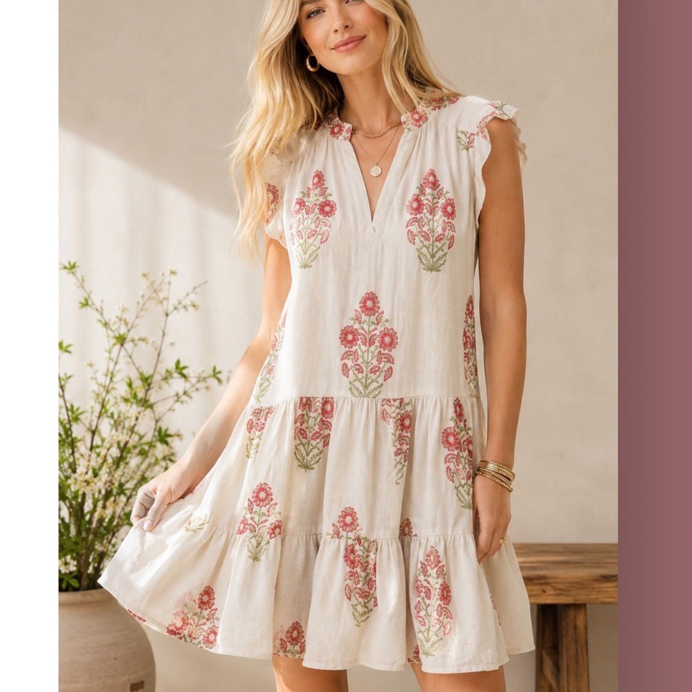 Oliphant Floral Embroidered Print Flounce Tiered Mini Dress Medium Boho